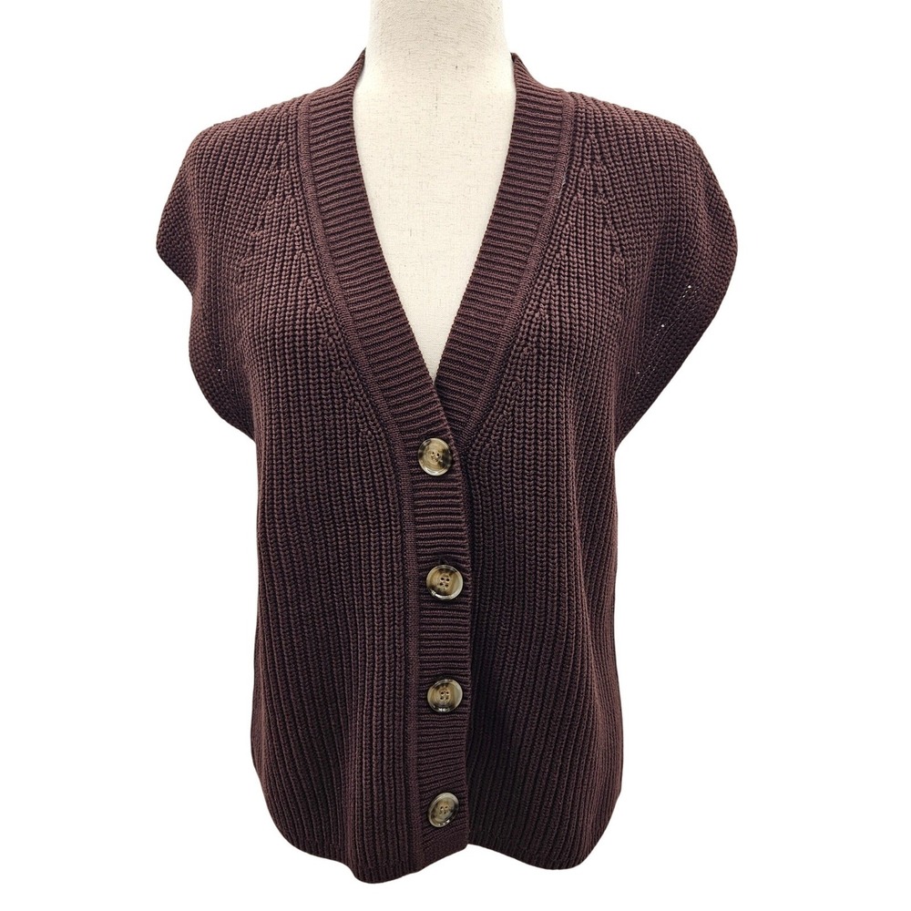 Loft Womens Brown Shaker Stitch Cotton Button Front Sweater Vest Size M NEW‎